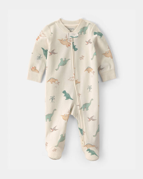 baby dinosaur 100% cotton 2-way zip sleep & play pajamas - ivory