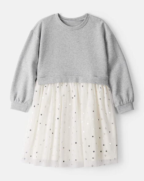 girls metallic star long-sleeve tulle dress - grey