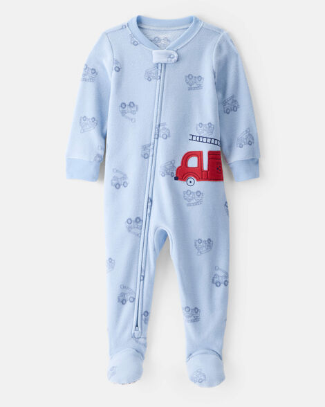 Product image 1 of Toddler Boy Firetruck Print Loose Fit Long-Sleeve 2-Way Zip 1-Piece Pajamas - Blue