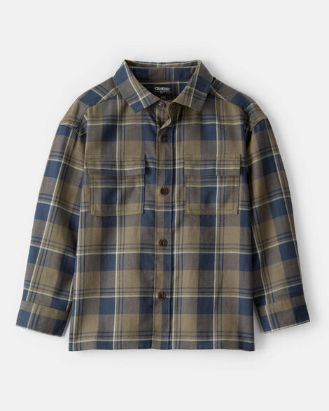 Boys Plaid Button-Down Shirt - Green/Navy