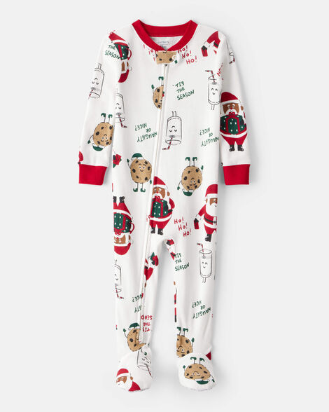 toddler brown santa milk & cookies 100% cotton long-sleeve snug fit 1-piece pajamas - white