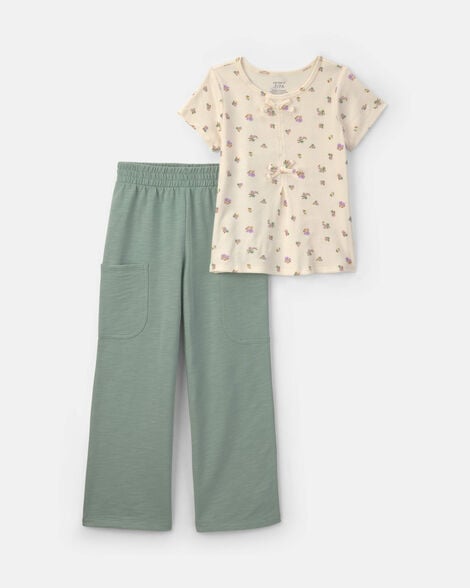 girls 2-piece floral short-sleeve top & pant set - cream/green