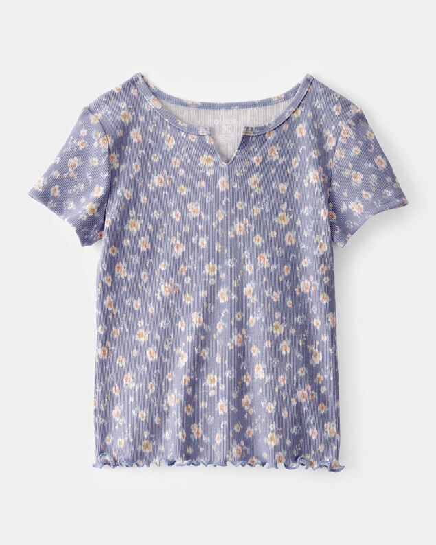 Product image 1 of Girls Ribbed Floral Print Short-Sleeve Shirt - Blue