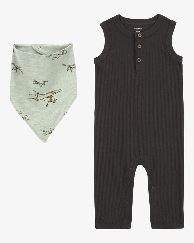 Product image 1 of Baby 2-Piece Drop Needle Jumpsuit & Bandana Bib Set