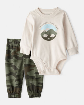 Product image 1 of Baby Boy Camping Camo Cotton Long-Sleeve Bodysuit & Pant Set - Green/Beige