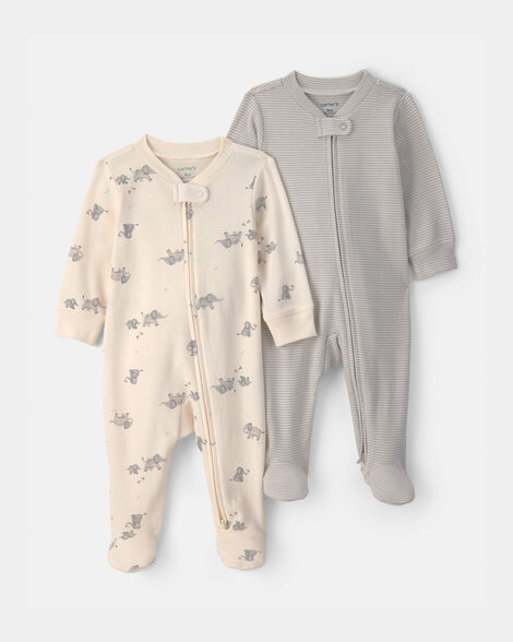 baby 2-pack elephant striped 100% cotton 2-way zip sleep & play pajamas - ivory/grey