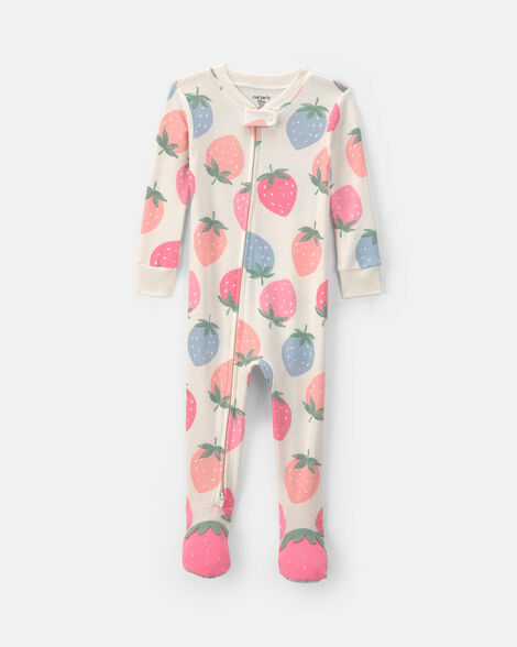 toddler girl strawberry cotton snug fit 1-piece pajama - pink/white