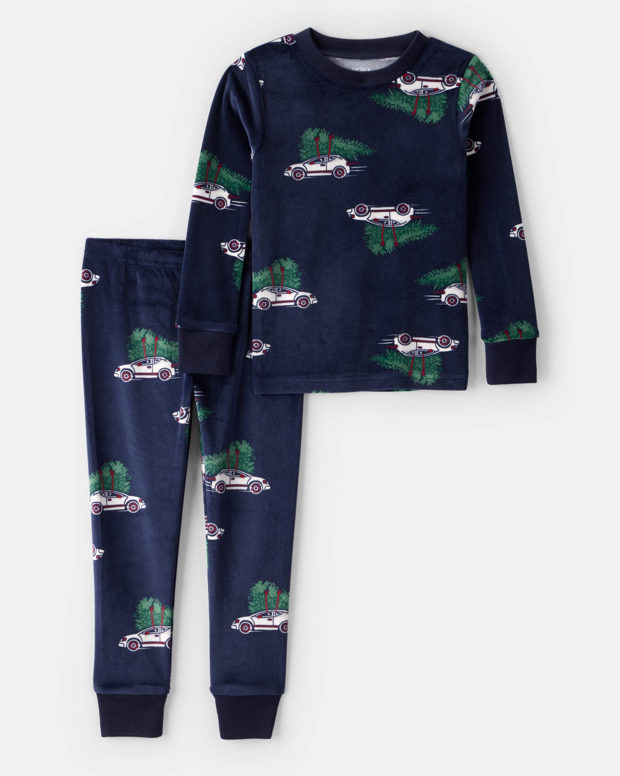 Toddler Boy Christmas Cars Velour Long-Sleeve Snug Fit 2-Piece Pajamas - Navy