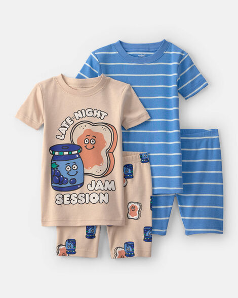 toddler boy pb&j striped 100% cotton short-sleeve snug fit 4-piece pajama set - blue/brown