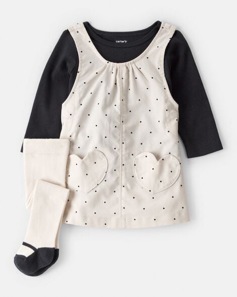 baby girl 3-piece heart print long-sleeve dress set - ivory/black