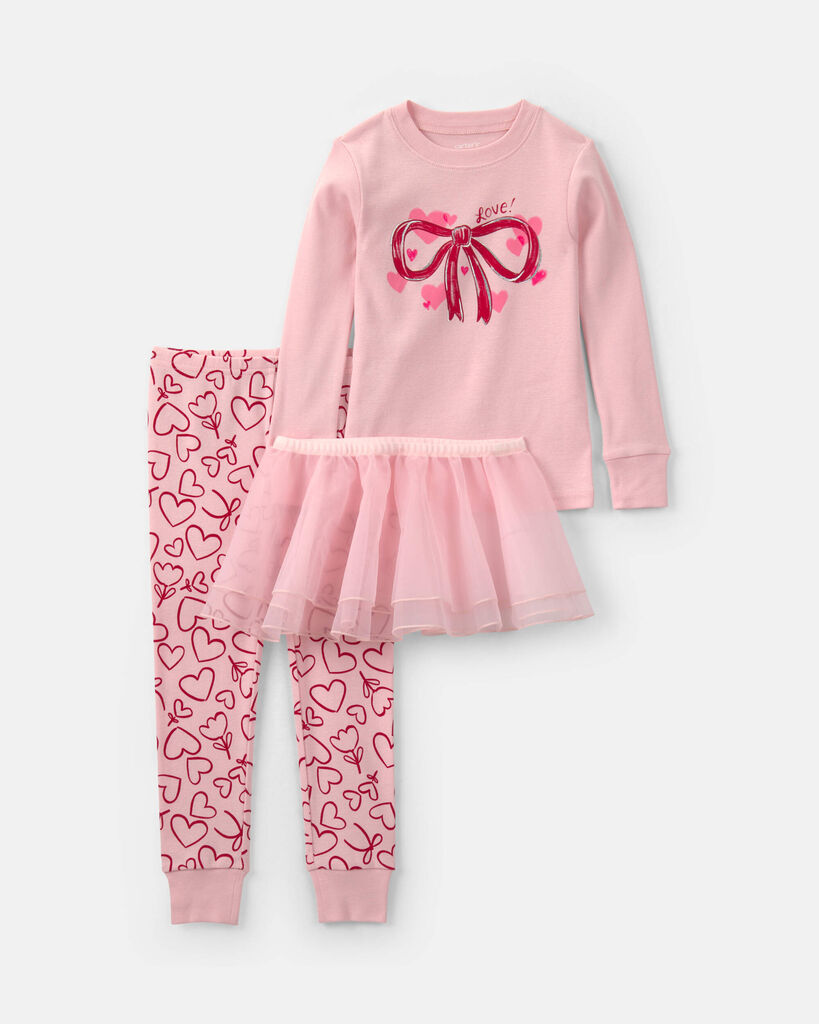 Carter's toddler girl 3-piece valentine's day cotton long-sleeve snug fit tulle skirt pajama set 2T Pink