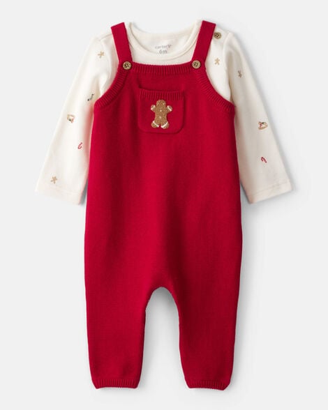 baby boy gingerbread holiday print long-sleeve overall set - red