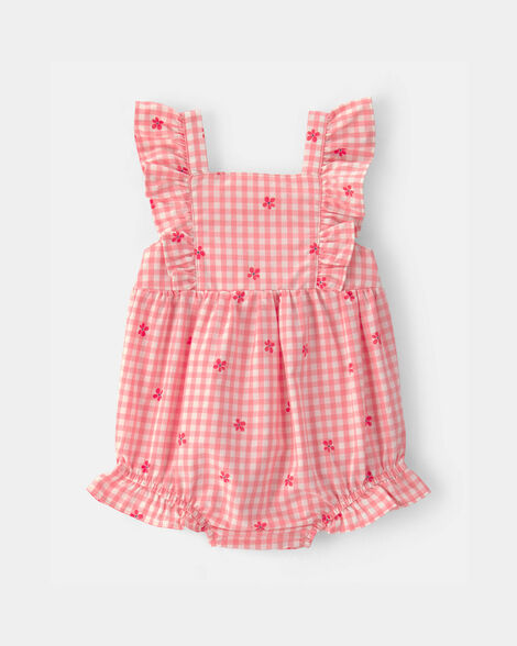 baby girl gingham flower romper - pink
