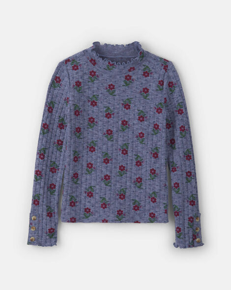 Girls Floral Long-Sleeve Mock Neck Top - Blue/Red