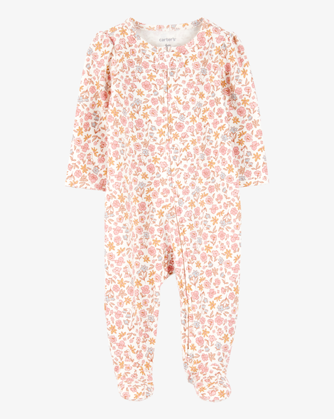 baby girl floral 2-way zip cotton sleep & play pajamas - pink