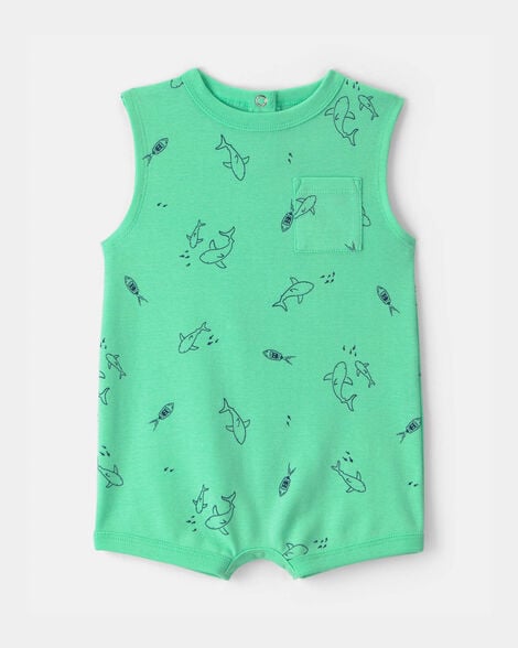 baby boy shark sleeveless romper - green