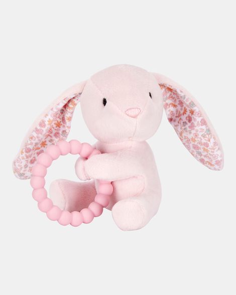 baby girl bunny plush with teether - pink