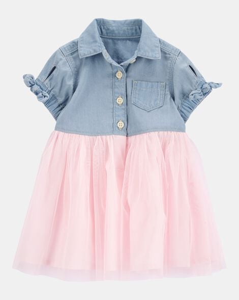 Baby Denim Shirt Dress With Tulle Skirt