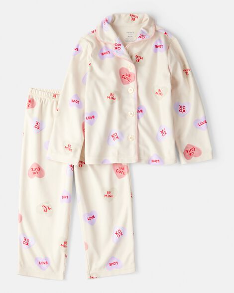 toddler girl candy hearts fleece loose fit 2-piece pajamas - ivory