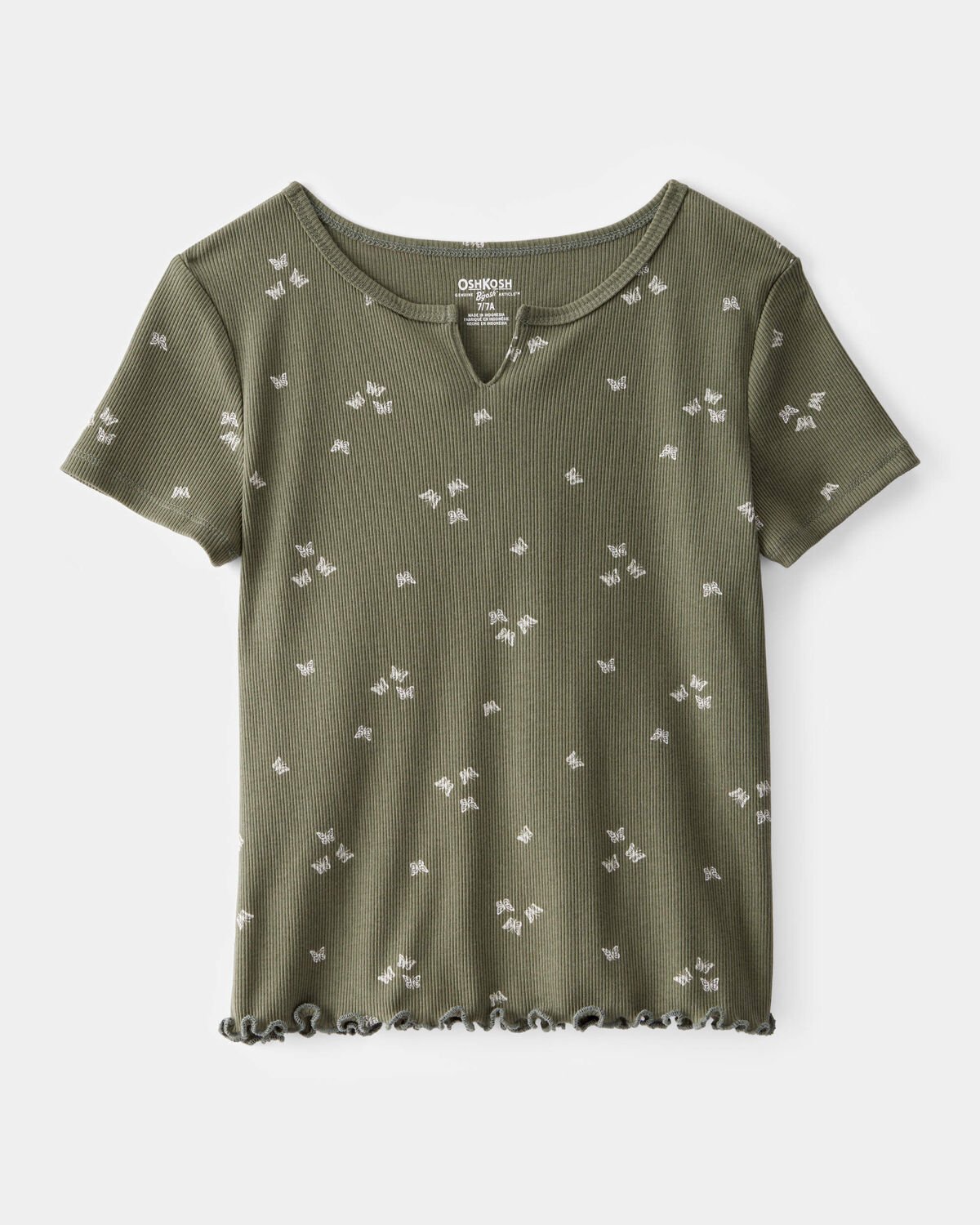 carter's Girls Butterfly Print Ribbed Short-Sleeve Shirt - Olive