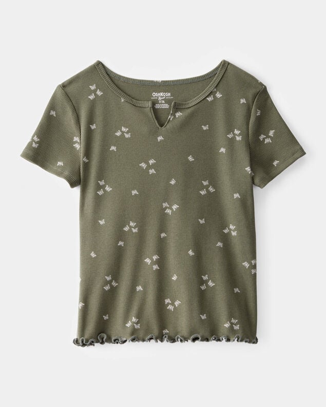 Product image 1 of Girls Butterfly Print Ribbed Short-Sleeve Shirt - Olive