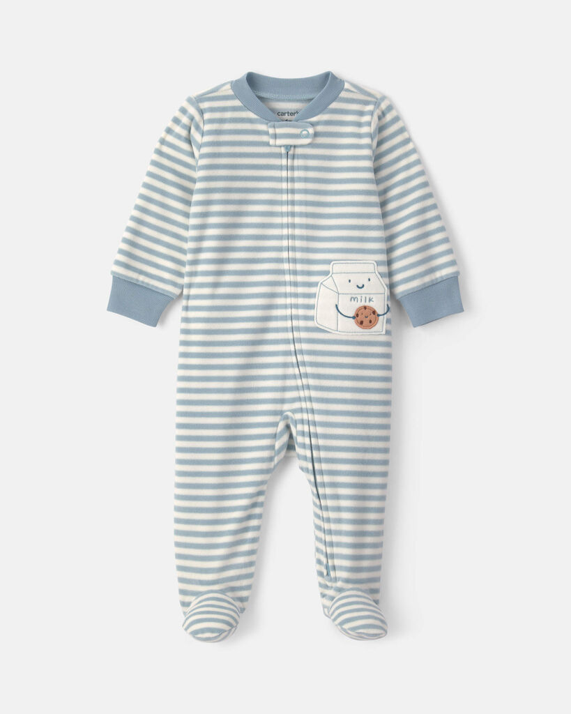 Carter's Boys' and Girls' Milk & Cookies 2-Way Zip Striped Fleece Sleep & Play Pajamas - Blue