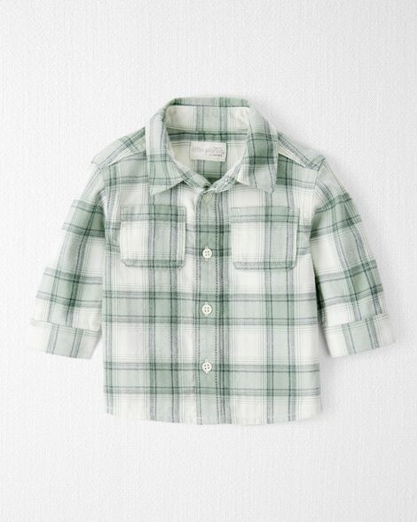 Baby Boy Organic Cotton Herringbone Button-Front Shirt in Plaid