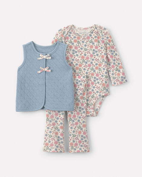 baby girl 3-piece floral quilted long-sleeve layering set - blue/white