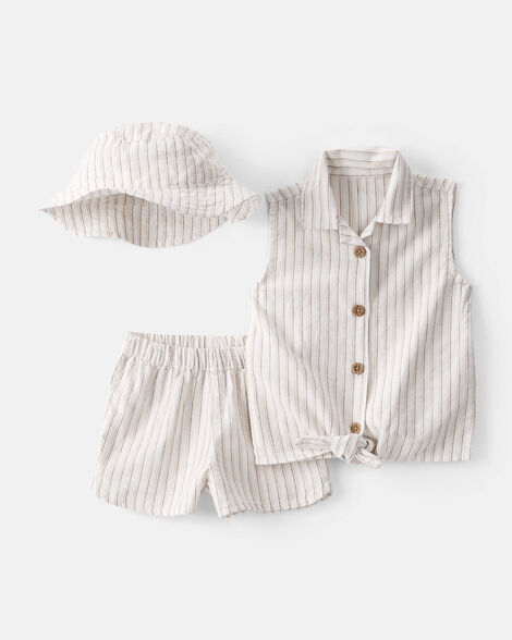 baby girl 3-piece striped sleeveless top & short set - tan/ivory