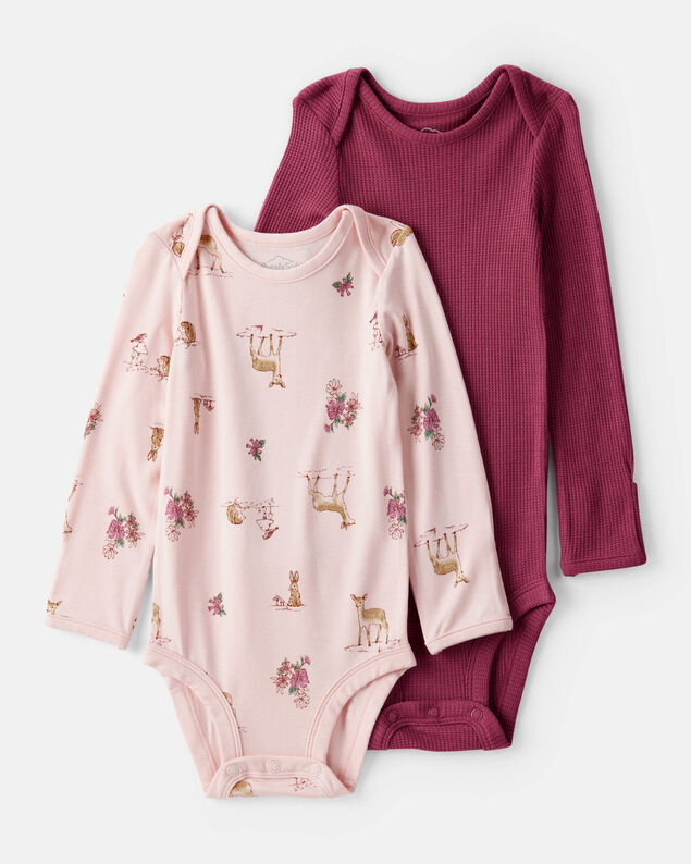 Product image 1 of Baby Girl 2-Pack Deer & Floral Print PurelySoft Long-Sleeve Multipack Bodysuits - Burgundy/Pink