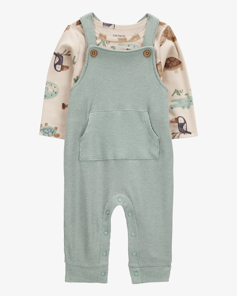 baby 2-piece long-sleeve tee & waffle knit coverall set - green