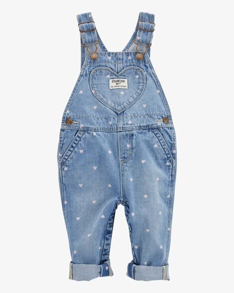 Baby Heart-Print Knit Denim Overalls - Blue