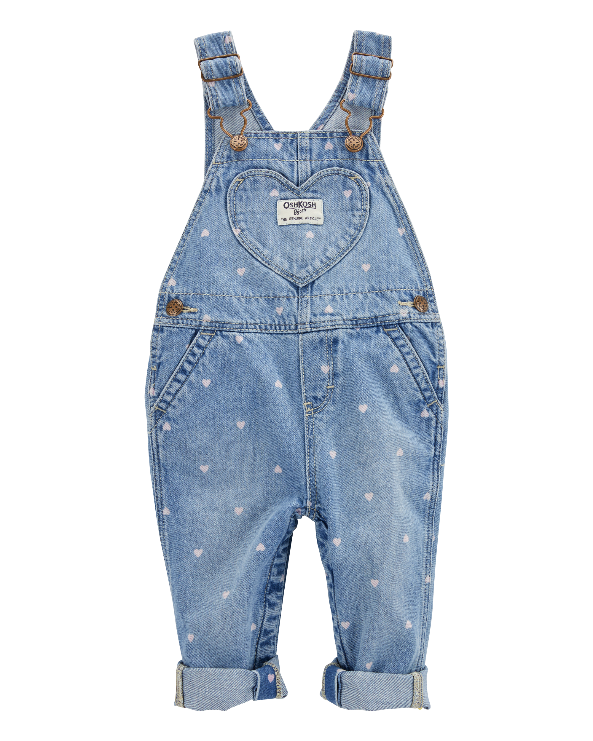 Baby Heart-Print Knit Denim Overalls - Blue
