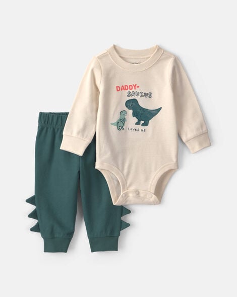 baby boy 2-piece 'daddy-saurus loves me' long-sleeve bodysuit & pant set - green/cream