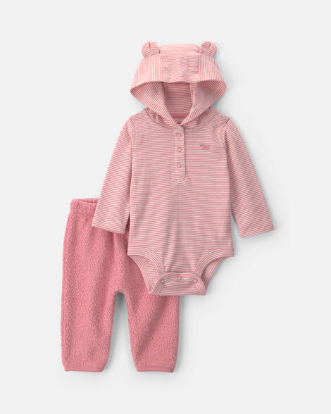 baby girl 2-piece bear teddy fleece long-sleeve bodysuit & pant set - pink