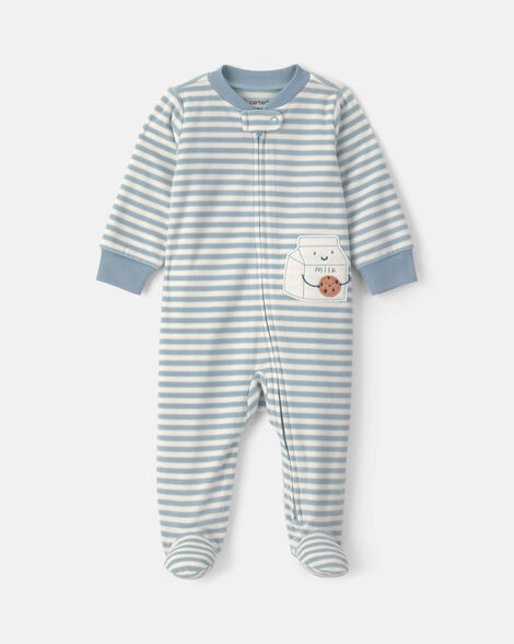 baby milk & cookies striped fleece 2-way zip sleep & play pajamas - blue