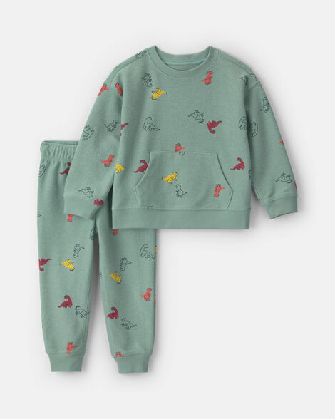 baby boy 2-piece dinosaur french terry sweatshirt & pant set - green