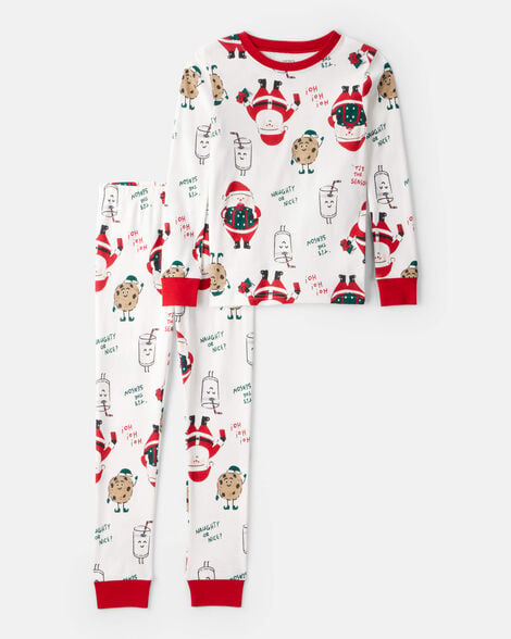 kids beige santa milk & cookies 100% cotton long-sleeve snug fit 2-piece pajamas - white