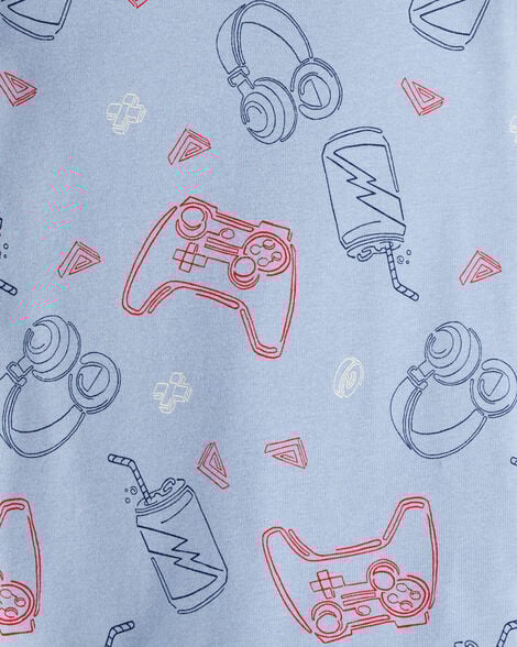 Boys Gaming Print 100% Cotton Long-Sleeve 4-Piece Pajamas - Blue