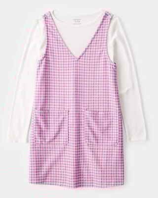 Product image 1 of Kid 2-Piece Long-Sleeve Tee & Plaid Dress Set - White/Pink