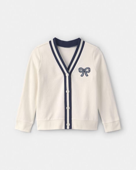 girls bow french terry cardigan sweater - cream