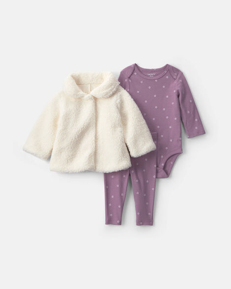 baby girl 3-piece floral teddy fleece layering set - purple/white