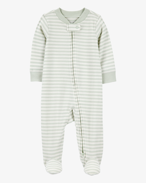 baby boy striped 2-way zip ribbed sleep & play pajamas - green/white