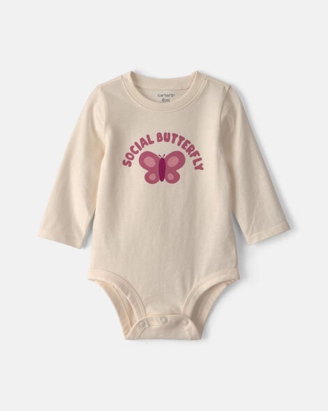 baby girl 'social butterfly' long-sleeve graphic bodysuit - cream