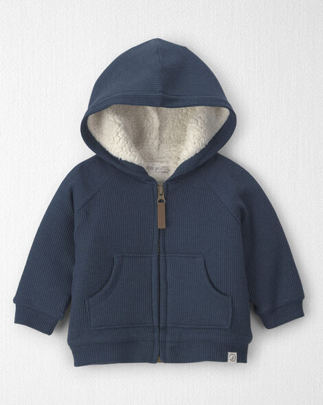 Baby Boy Recycled Teddy Fleece Waffle Knit Hooded Jacket Made with Organic Cotton