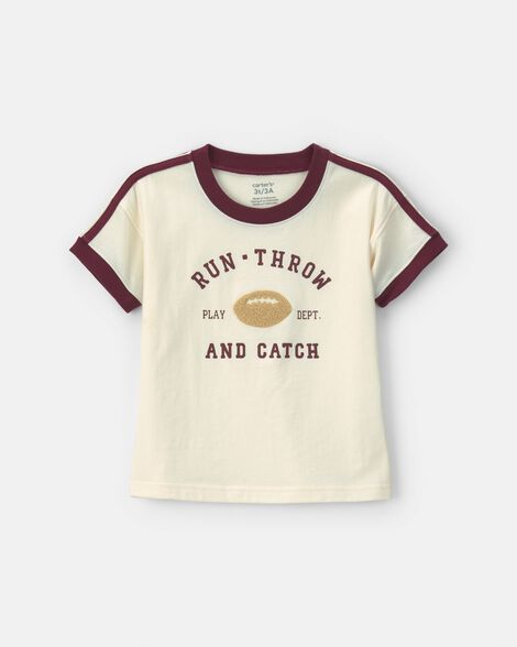 toddler boy 'run, throw and catch' football graphic tee - cream/burgundy