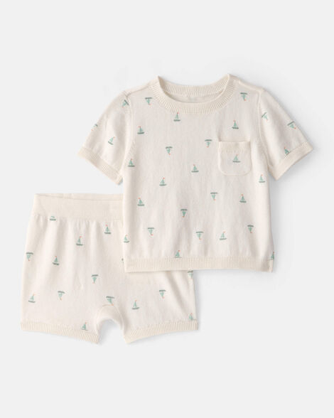 baby 2-piece sailboat sweater top & short set - ivory