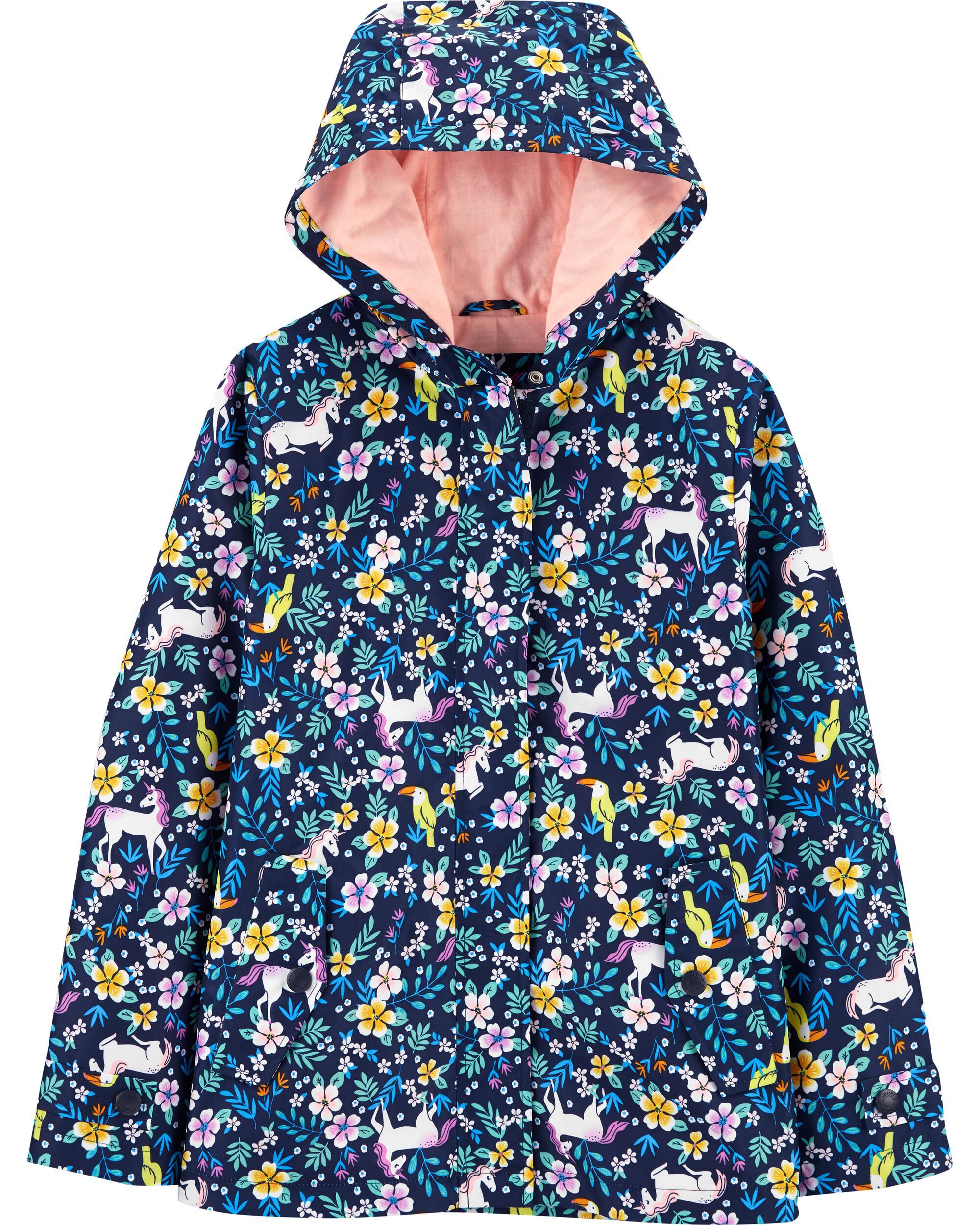 navy floral raincoat