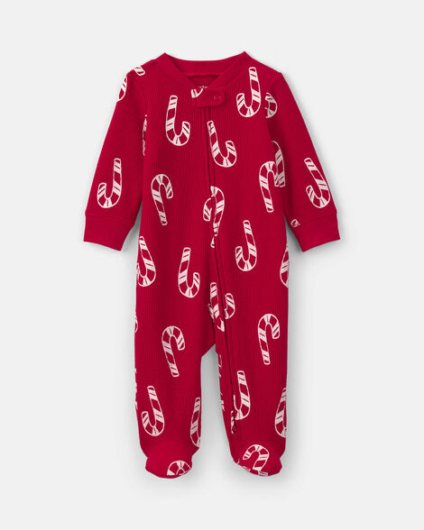 baby candy cane christmas thermal sleep & play pajamas - red