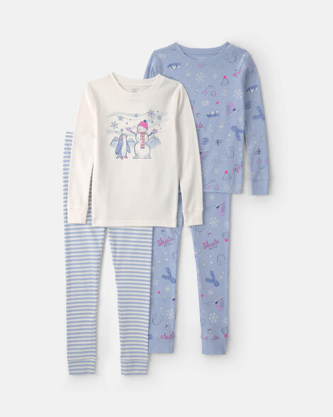 girls winter 100% cotton snug fit 4-piece pajama set - purple/white
